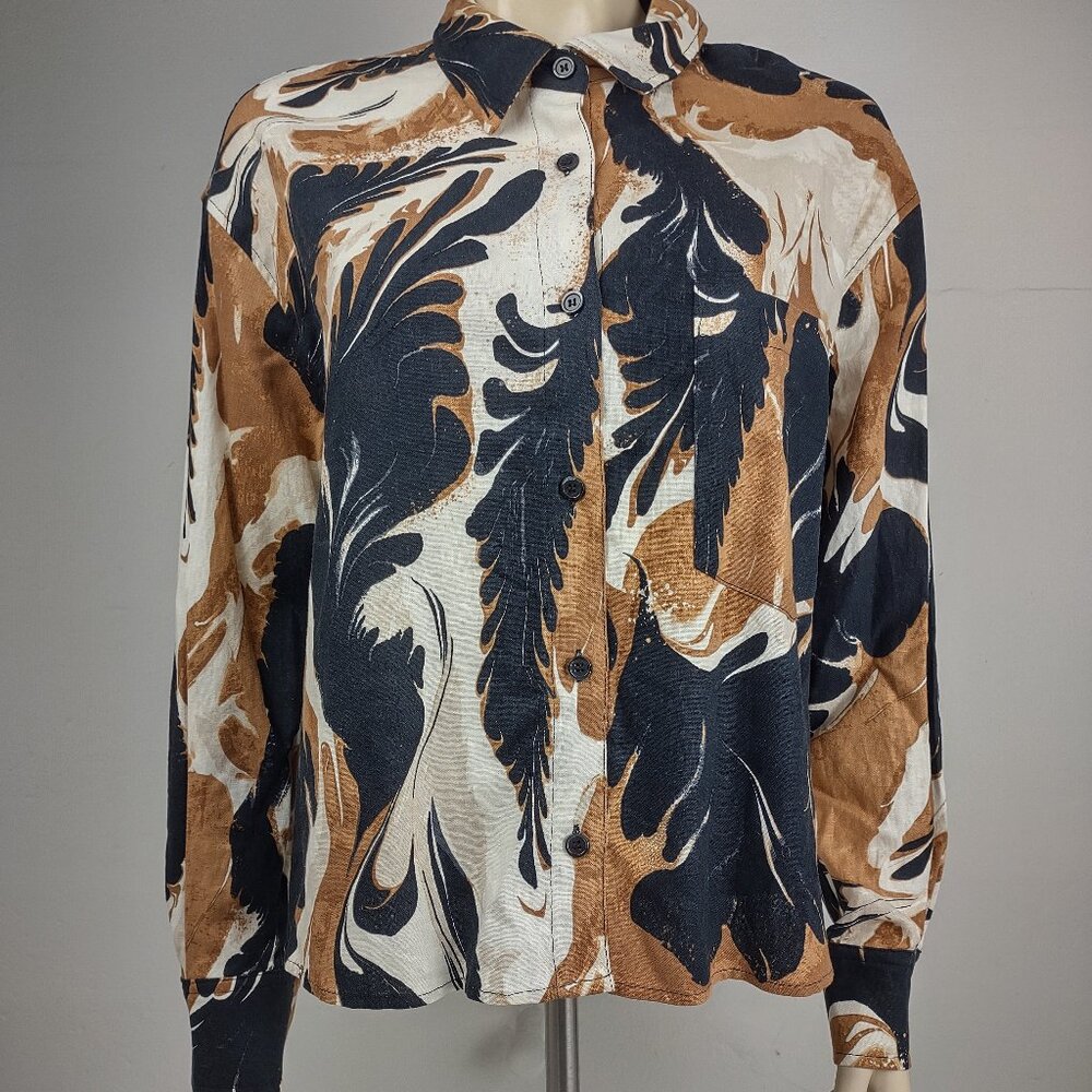 NWT Joie black brown white paint swirl linen blend button up blouse ladies Large